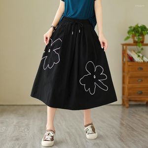 スカート 2023 到着刺繍花綿森ガールのシックな夏のハイウエストファッション女性カジュアルレディワークスカート