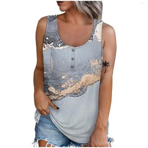 Regatas femininas verão sem mangas casuais estampadas decote redondo com botões túnicas elegantes túnicas femininas tops camisas regata feminina