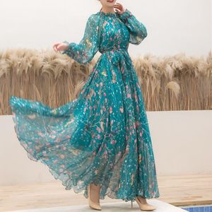 Kostymer boho blommig tryck klänning kvinnor grön ramadan eid jalabiya mode muslimska marockanska kaftan plus storlek lös chiffon islamiska kläder