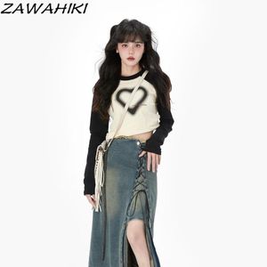 Jaquetas Vintage Slim Raglan Manga Camiseta Coração Impressão Y2K Pulôver Moletom Mulheres Roupas Casuais Japonês Haruku Hoodies