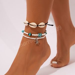 Boho Layered Starfish/Shell Barefoot Anklet Bracelets for Women Trendy Summer Beach Beaded Ankle Bracelet on the Leg Foot Chians