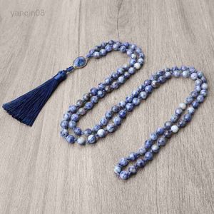 Pendant Necklaces Buddhist 108 Mala Beads Necklace 8mm Blue Jade Stone Handmade Knotted Meditation Yoga Blessing Rosary Necklaces Prayer Jewelry HKD230712