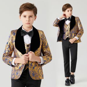 Tute Completo per ragazzo comunione abito da sposa ragazzo bambini Costume per bambini Abito blu oro Colletto nero per ragazzi 3 pezzi Flower Boys 230711