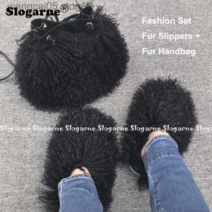 Slippers Women's Fur Slippers Fur Handbags Fashion Sets Woman Luxury Faux Fur Set Slides Furry Bag Purse Wallet Indoor Shoes Plus Size 49 T230712