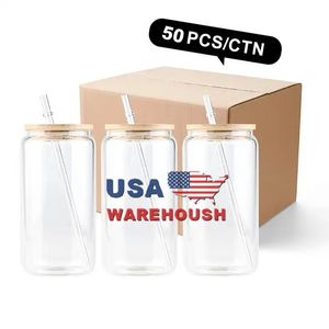 CA USA Stock 16oz Boş Diy Süblimasyon Tumbler Kupa Soda Kupa Bira Camı Bambu Kapak ve Saman Sxaug05 ile Şişe Kupa Olabilir