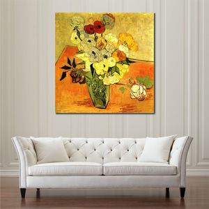 Hand Painted Textured Canvas Art Japanese Vase with Roses and Anemones Vincent Van Gogh Painting Still Life Dining Room Decor