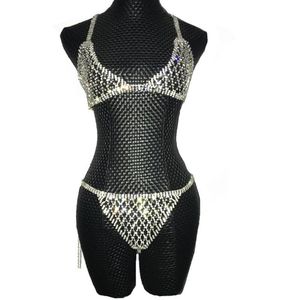 Silver Crystals Chains Bikini Bra Underwear Birthday Dance Party Sexy Wear Two Piece Set Female Singer Bling Costume Stage305C