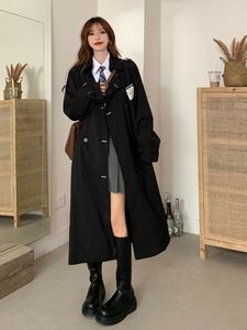 Tute da donna Giacca a vento nera Cappotto di media lunghezza Donna Ultima elegante Primavera Autunno Trench da ufficio Lady Preppy Jk Cappotto lungo da donna