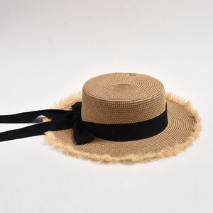 Cappello di paglia estivo da donna Cappello da spiaggia con fiocco in nastro bianco e nero Protezione solare Cappello da donna Cappello da sole pieghevole per vacanze all'aperto