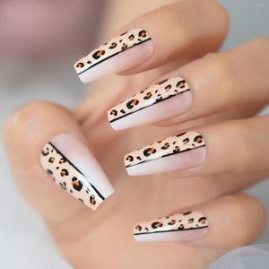 False Nails Glossy Leopard Pattern Ombre Pink Nude White French Ballerina Coffin Press On Nail Gradient Natural Ballet Fake Tips