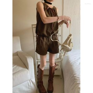 Women's Tracksuits Sweet Cool Girl Loose Plaid Suit Women Sleeveless Lace-up Sling Vest Top High Waist Shorts Two-piece Set Fashion Female