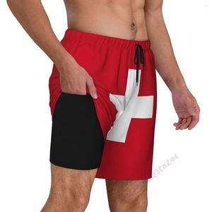 Shorts masculinos Swiss Flag 3D calções de banho masculinos com forro de compressão 2 em 1 bolsos de verão de secagem rápida