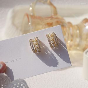 Stud Earrings Ins 14K Real Gold Semicircle Shape Pearl For Women Cubic Zircon ZC