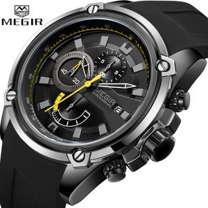 Megir moda erkekler en iyi marka lüks kronograf su geçirmez spor erkek saatleri silikon otomatik tarih askeri kol saat