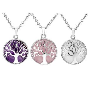 Pendant Necklaces Natural Stone Tree Of Life Gem Necklace Chakra Reiki Healing Crystals Round Jewelry Drop Delivery Pendants Dhvtq
