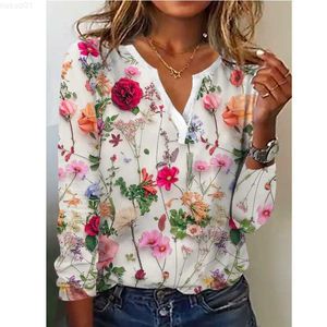 Blusas Femininas Camisas Novo 2023 Primavera Verão Rosa Azul Blusa Estampada Floral Tops Mujer Casual Escritório Feminino Lazer Blusas Manga Comprida Túnicas L230712