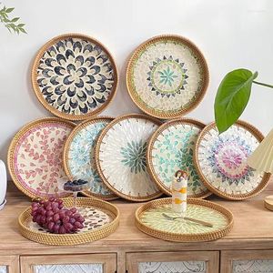 Plates Handmade Rattan Shell Color Storage Round Home Living Room Light Luxury Picnic Fruit Plate Candy Restaurant Advanced Tray