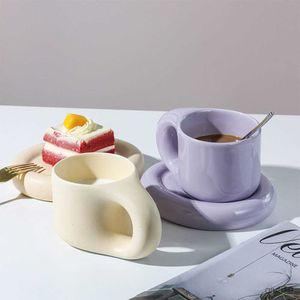 Mugs 300ml/320ml Creative Handmade Fat Handle Mug Ceramic Espresso Mugs Coffee Cups Drinkware for Tea Large Saucer Set Creative Gifts R230712