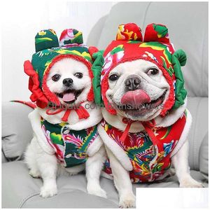 Abbigliamento per cani Cat Autunno Inverno Cappotto Cappello Set Lovely Stile cinese Natale Drop Delivery Home Garden Pet Supplies Dhtdf