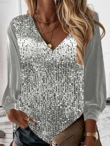Women's Blouses Shirts New Shiny Sequin Patchwork Office Loose Blouse Autumn High Street Long Sleeve Solid Women Shirt Casual V-neck Lady Top Pullover L230712