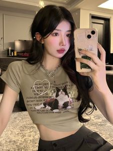 Women's T-Shirt Y2k Aesthetic Letter and Cat Print T-shirts Short Sleeve O-Neck Street Clothing Cutting Ultra Thin Full Matching Harajuku Basic Top Women's 230711