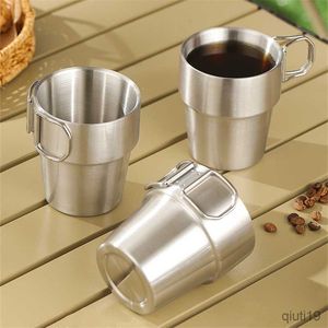 Kubki składany uchwyt piwo kieliszek do wina napój ze stali nierdzewnej dwuścienny kubek na kawę z mlekiem kubek podróżny Outdoor Drinkware na piknik Camping R230712