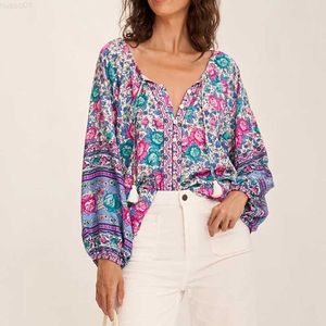 Blusas femininas Camisas Super Chic azul floral boho blusa feminina manga longa decote em V de algodão amarrado za tops femininos hippie chic blusas camisas L230712