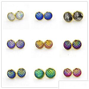Stud Fashion Gold Color Handmade 12Mm Druzy Drusy Resin Mermaid Fish Scale Pattern Orecchini donna Drop Delivery Jewelry Dhsug