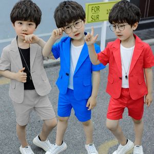 Suits Toddler Boys Suit Summer Wedding Cotton Linen Blend Formal Blazer Children Fortnight Party Short Sleeve Petite 230711