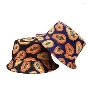 Berets 2023 Summer Cotton Bucket Hats For Women Fruit Print Reversible Panama Female Sunshine Fisherman Hat Fashion Hip Hop Travel