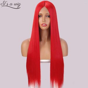 Synthetic Wigs I's A Wig Long Straight Red Cosplay For Women Middle Part Blonde Black White Pink Hair Daily Use