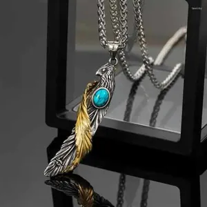 Pendant Necklaces RJ Silver Color Turquoise Gold Feather Necklace Men's Fashion Japanese Versatile High Bridge