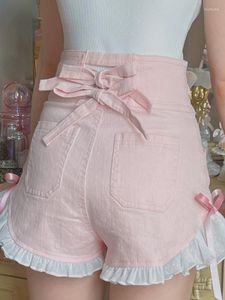 Женские шорты, розовые джинсовые шорты Kawaii Lolita, женские японские джинсы с высокой талией и оборками, женские кружевные повязки в Корейском стиле, лето 2023 г.