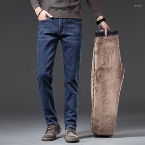 Jeans da uomo 2023 Autunno Inverno Pantalone Warm Slim Fit Business Fashion Addensare Pantaloni in denim Pantaloni elasticizzati in pile da uomo Nero Blu