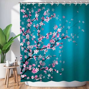 Tenda da doccia con fiori di ciliegio per doccia Tenda da doccia floreale con fiori di Sakura, doccia con fiori, verde acqua, decorazioni blu e rosa