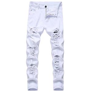 Rippade jeans för män Vit Röd Svart Stretch Slim Fit Vår Höst Denimbyxor Distressed Hip Hop Streetwear Biker Jeans Byxor lila jeans 29-42