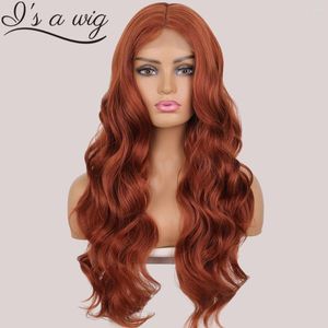 Perucas Sintéticas I's A Wig Laranja Corpo Longo Onda Parte do Meio Vermelho Marrom Preto Para Mulheres Fibra Natural Resistente ao Calor