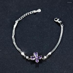 Charm Bracelets Purple Zircon Butterfly Flower Para Mulheres Cor Prata Feminino Pulseira Corrente Ajustável Jóias Casamento CZ