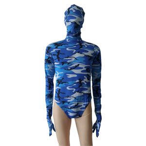 Body de elastano unissex cor de camuflagem azul meia-calça de ginástica balé macacão luvas de capuz removíveis