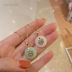 Pendant Necklaces Lucky New Arrival Chinese Fu Jade Necklace Jewelry Stainless Steel Chain Natural Emerald Jade Pendant Necklace for Family HKD230712