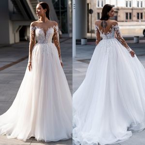 Romantic A Line Wedding Dresses Illusion Long Sleeves Lace Appliques Wedding Dress Button Back Long designer bridal gowns sweep train