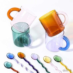 Muggar färgglada fetthandtag glas mugg kaffekopp glas sked glas kopp kontor koppar födelsedag present kaffemuggar te sked r230712