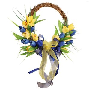 Coroa de primavera decorativa de flores tulipa para porta da frente verão amarelo azul decoração artificial de casa de fazenda