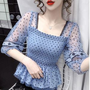 Women's T Shirts Summer Woman Casual Sweet Pearl Mesh Stitching Polka Dot Print Blouse Female Long Sleeve Waist Chiffon Office Shirt Tops