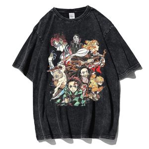 Men's T-Shirts Vintage Wash Men's T-shirt Anime Demon Killer Kamado Tanjirou Printed T-shirt 100% Cotton Casual Shirt Top Y2K Clothing 230711
