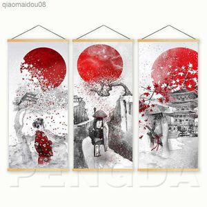 Nordic Style Wall Artwork Canvas Pictures Japanese Anime Poster Wooden Scroll Hanging Painting Print Home Decoration Living Room L230704