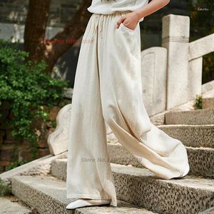 Ethnic Clothing 2023 Women Vintage Pants National Elastic Waist Cotton Linen Retro Ninth Meditation Zen Trousers Wide Leg Pantalones