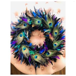 Decorative Flowers Artificial Peacock Feathers Wreath Hanging Ornament Simulation Feather Garland For Farmhouse Mantle Centerpieces Easter