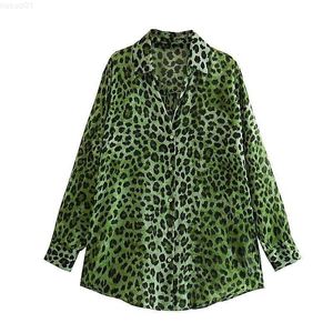 Damblusar Skjortor Vår Sommar Skjortor 2023 Nya blusar Chic Print Leopard Grön Skjorta Casual Joker Långärmad Bekväm ung studentskjorta L230712