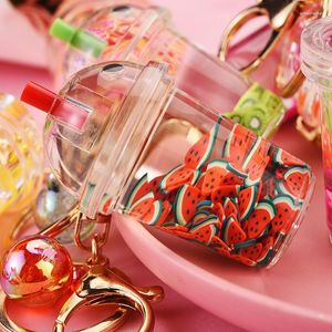 Keychains Lovely Watermelon Lemon Fruit Milk Bottle Keychain Floating Moving Liquid Quicksand Drift Keyring For Women Bag Pendant